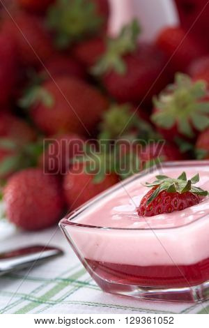 Strawberry pudding withy red jelly on green and white tablecloth several strawberries around