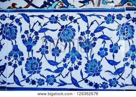 Beautiful ancient ottoman tiles with blue color floral patterns