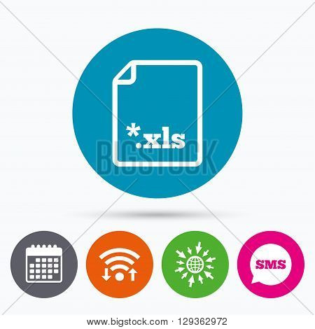 Wifi, Sms and calendar icons. Excel file document icon. Download xls button. XLS file extension symbol. Go to web globe.