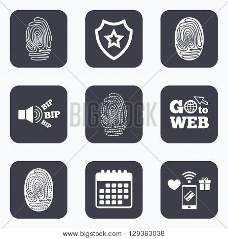 Mobile payments, wifi and calendar icons. Fingerprint icons. Identification or authentication symbols. Biometric human dabs signs. Go to web symbol.