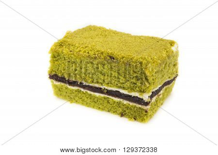 Closeup Japanese Matcha green tea cake cheesecake on white background(select focus)
