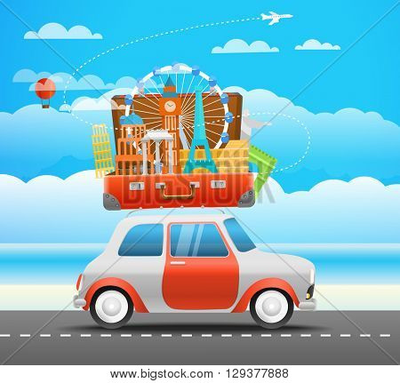 Vacation travelling composition with the open bag. Touristic sighns concept. Take vacation concept with a retro car