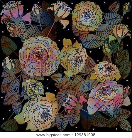 colored loral design roses on black background