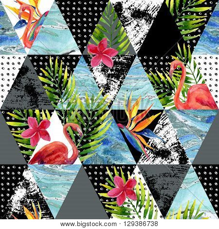 Abstract grunge and marble triangles with tropical flowers leaves. Exotic summer background. Watercolor and grunge textures in marine colors. Marble waved painting. Hand painted illustration