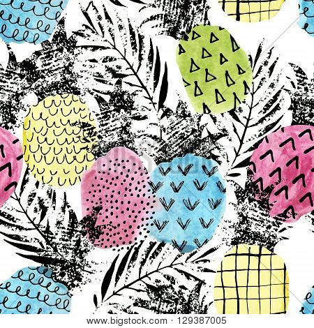 Colorful pineapple with watercolor and grunge texture seamless pattern. Watercolor stain paint splatter. Abstract watercolor pineapple shape grunge palm leaves in pop art style. Summer background