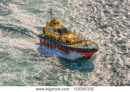 Sydney Australia - November 12 2014: A Port of Sydney pilot boat guiding a cruise ship out of the Sydney Harbour New South Wales Australia.