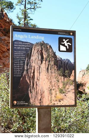 ZION, UTAH - AUGUST 16, 2015: Angels Landing Sign at Scout Lookout. The strenuous trail is a popular hiking / climbing adventure in Zion National Park.