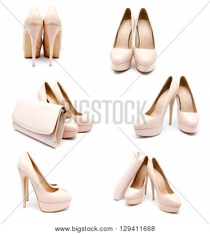 Collection of photos biege high heel woman shoes and clutch isolated on a white