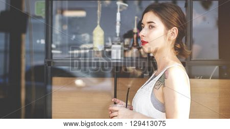 Woman Dringks Coffee Summer Sightseeing Concept