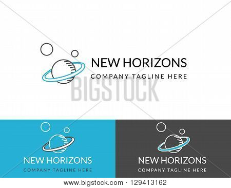 New horizons business logo design in three colors such as white, blue and dark gray. Line contour logotype for startup and professional corporate promotion isolated on white. Text outline
