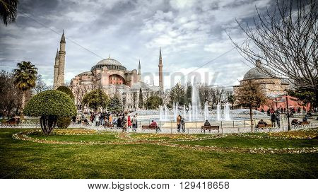 Istanbul, Turkey - 4 March, 2013: View of Hagia Sophia (Ayasofya), historic centre of Istanbul UNESCO World Heritage List, 1985, Turkey, 6th century.