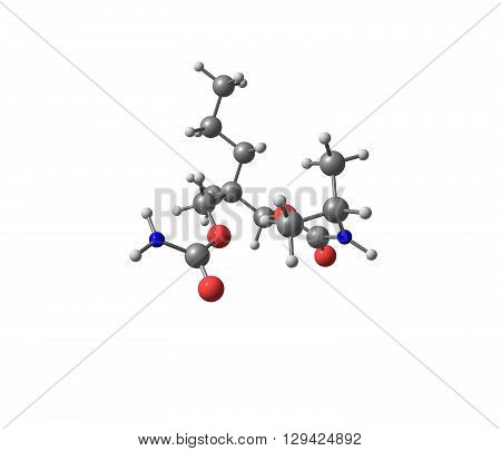 Carisoprodol is a centrally acting skeletal muscle relaxant. It is slightly soluble in water and freely soluble in alcohol chloroform and acetone. 3d illustration