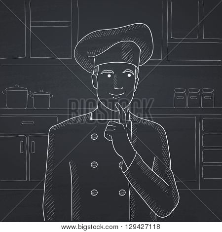 Chef pointing forefinger up.