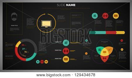 Vector Bright modern infographic overview design template on black background. dark vector template