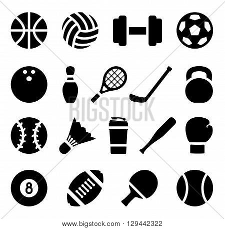 Vector illustration. Icon set of black simple silhouette of sports equipment in flat design. For info graphic, web banners, promotional materials, presentation templates and your interface