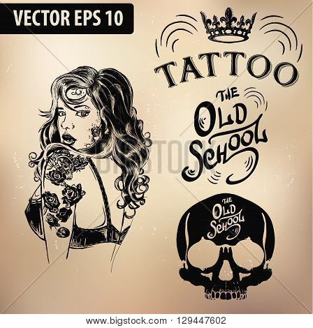 Vector tattoo studio logo templates on dark background. Cool retro styled vector emblems.