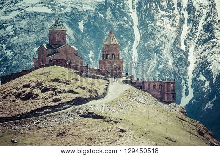 Georgia, Stepantsminda-sameba. Ancient Gergeti Trinity Church High In The Mountains.