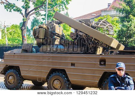 Sofia, Bulgaria - May 06: Day of Valor. Surface-to-air missile system 9K33 Osa AK on military hardware parade. On May 06, 2016 in Sofia Bulgaria.
