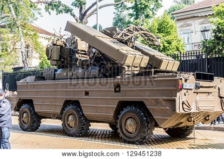 Sofia, Bulgaria - May 06: Day of Valor. Surface-to-air missile system 9K33 Osa AK on military hardware parade. Back view. On May 06, 2016 in Sofia 