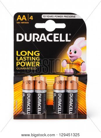 Moldova, March 17, 2016. Pack of 4  Duracell alkaline AA Batteries