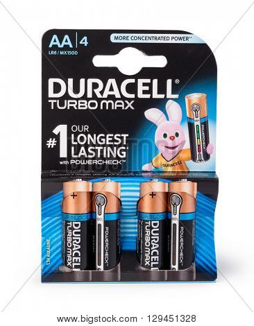 Moldova, March 17, 2016. Pack of 4  Duracell alkaline AA Batteries