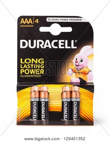 Moldova, March 17, 2016. Pack of 4  Duracell alkaline AAA Batteries
