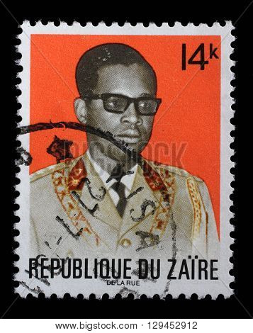 ZAGREB, CROATIA - SEPTEMBER 18: a stamp printed in the Zaire shows Joseph D. Mobutu, President of Zaire, 1965 - 1997, circa 1973, on September 18, 2014, Zagreb, Croatia