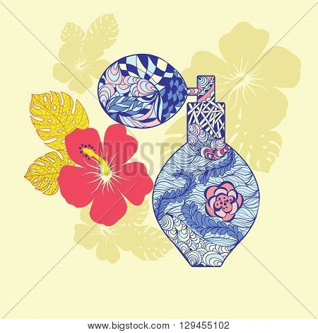 Beautiful perfume bottle with flower in doodling zentangle style. Hand drawn Perfume and flowers in vector fashion background.