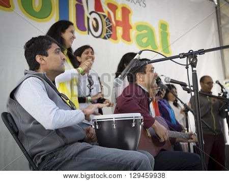 NEW YORK - APR 30 2016: Musicians perform on stage at the Holi Day Festival of Colors in Dag Hammerskjold Plaza hosted by NYC Bhangra in New York on April 30, 2016.