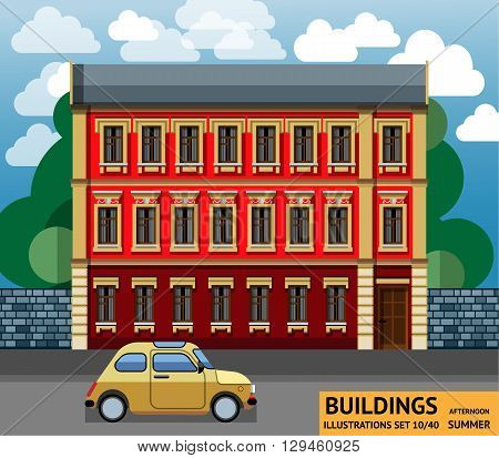 The building with a yellow car in a flat style