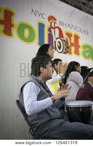 NEW YORK - APR 30 2016: Musicians perform on stage at the Holi Day Festival of Colors in Dag Hammerskjold Plaza hosted by NYC Bhangra in New York on April 30, 2016.
