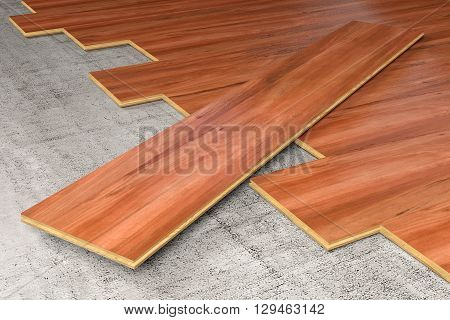 A floor being covered with hardwood planks 3D rendering