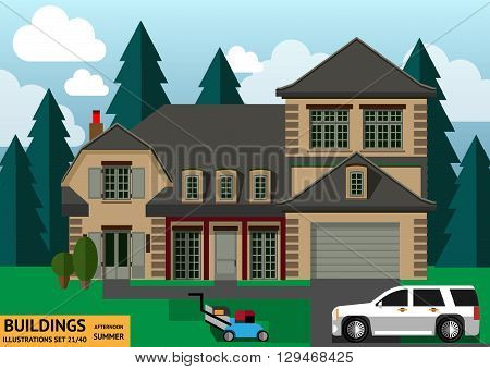 The building with a white car and a lawn mower in a flat style