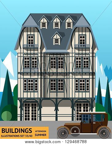 The building with the black car in flat style
