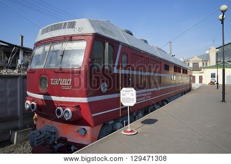SAINT PETERSBURG, RUSSIA - MARCH 30, 2016: The prototype passenger locomotive TEP-80 on the October railway. Historical landmark of the city Saint Petersburg