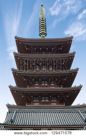 The Goju-no-to five-storied pagoda at Sensoji Temple, Asakusa District, Tokyo, Honshu Island, Japan. The Oldest Buddhist Temple of Tokyo.
