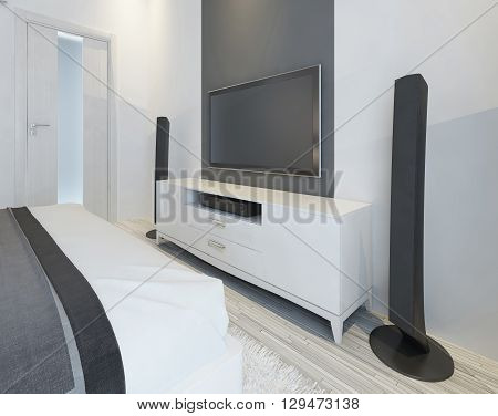 TV and music speakers in modern light bedroom. 3D render.