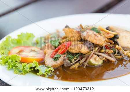 Thailand spicy delicious food Spicy stir Fried Fish.