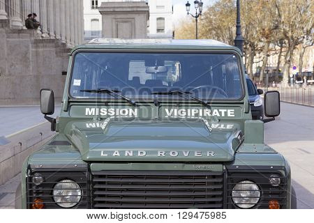 LYON FRANCE - APRIL 6 2015 : French army car parked in front of courthouse to patrol for Plan Vigipirate (France's national security alert system) against possible terrorist attacks.