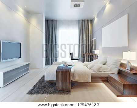Design bedroom Contemporary-style room with wooden furniture Zebrano and white interiors and textiles. The bedroom has a large window and TV console in bright colors. 3D render.