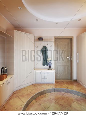 Hallway in modern style with hangers a mirror dressing table and a large sliding closet. 3D render.