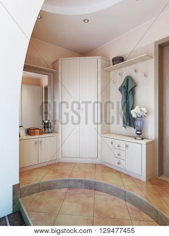 Hallway in modern style with hangers a mirror dressing table and a large sliding closet. 3D render.