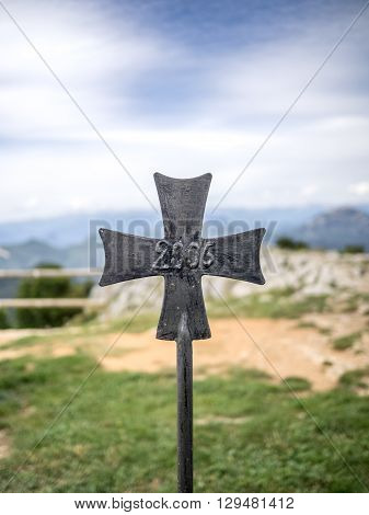 A cross of 2006 outside the Mare de Deu del Mont sanctuary