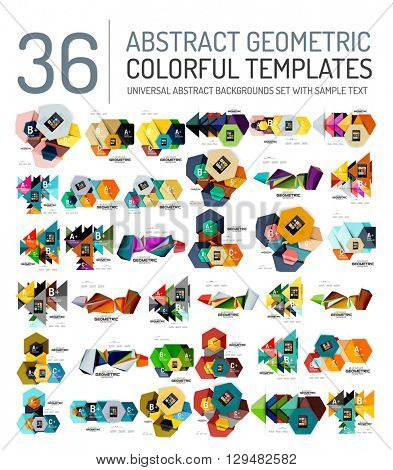 Collection of abstract backgrounds - colorful textured glossy geometric shape compositions with infographics option sample text, repetition of elements. Colorful geometric universal template, bright