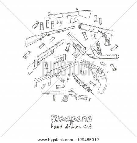 Hand drawn set  of Weapons.  Isolated vector illustration for identity, design, decoration, packages product and interior decoration