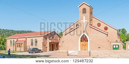 SEDGEFIELD SOUTH AFRICA - MARCH 4 2016: Stitched panorama of the St. Anthony Roman Catholic Church in Sedgefield a town on the Garden Route