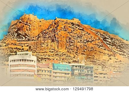 Digital watercolor painting of a Mount Benacantil with a Castle of Santa Barbara (Castillo de Santa Barbara)- fortification in the centre of Alicante city. Valencian Community Costa Blanca. Spain