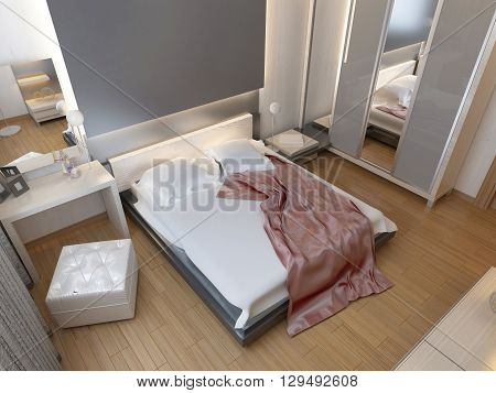 Bedroom in oriental style light with red and yellow flowers. Bedroom with a large bed sliding wardrobe and a media system with a TV. 3D render.