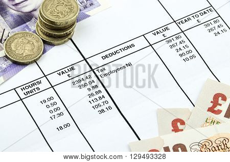 Payslip shows amount of earn with banknotes and coins