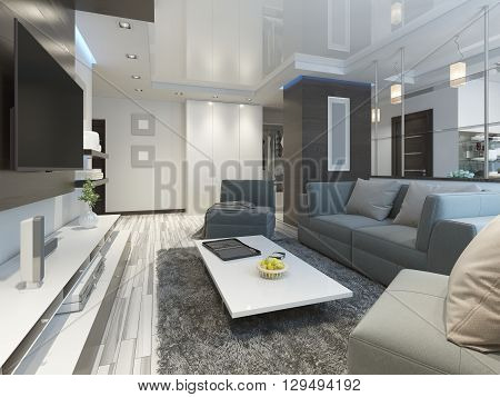 Luxury living room studio in a modern style with comfortable armchairs and a sofa in olive green. Studio apartment with kitchen and living room and a hallway with cloakroom. 3D render.